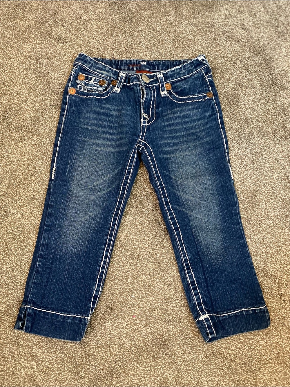 True Religion Dark Wash Capri Jeans with Contrast Stitching